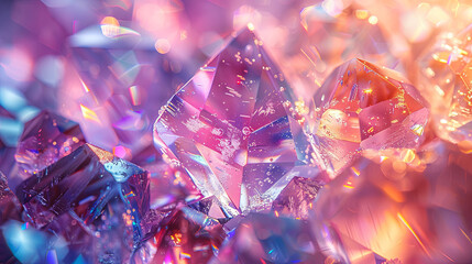 High-Resolution Background Featuring White Diamonds and Gemstones with Rainbow Iridescence and Holographic Foil Effects, Showcasing Sparkling and Crystal-Clear Transparency from Various Angles