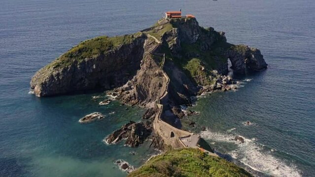 Aerial view on the Gaztelugatxen islet on the coast of Biscay. Basque country, Spain