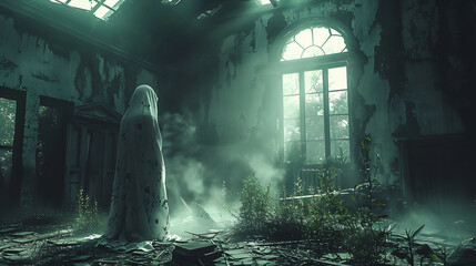  A ghostly apparition floating near an old, broken window.