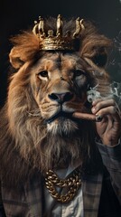Lion wearing a crown in a suit smoking a cigar on a black background.