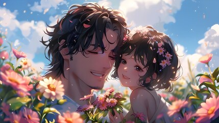 Happy Fathers Day wallpaper, cute lofi anime style young father and girl, romantic flower garden and blue sky background. 3d digital artwork modern cartoon illustration.
