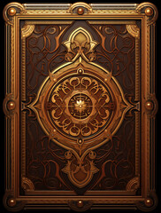 A fantasy game card design, top down view of an ornate golden book cover with a large detailed ornamentation in the center
