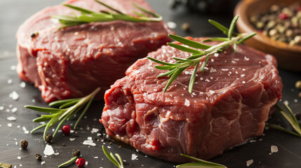 Fototapeta premium Raw beef steaks with rosemary, pepper and salt