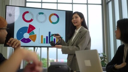 Asian business woman lead meeting and present on screen with her diverse colleagues, leadership friendly business project discussion and collaboration with partnership to brainstorm in office room. 
