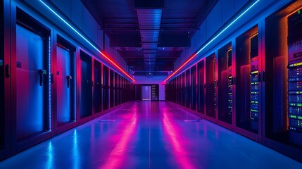 Fototapeta premium Modern data center with colorful lighting and server racks