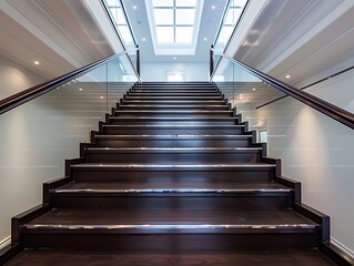Obraz premium A classic yet modern staircase in a luxury home, with dark wood steps and a glass railing, viewed from the base looking upwards to a large skylight