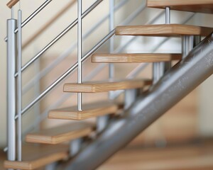 A close-up of a staircase in a modern home with thin metal balusters and wooden treads, focusing on...