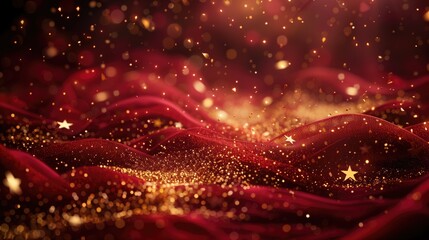 Shimmering golden stars fall against red backdrop mesmerizing abstract background sparkle