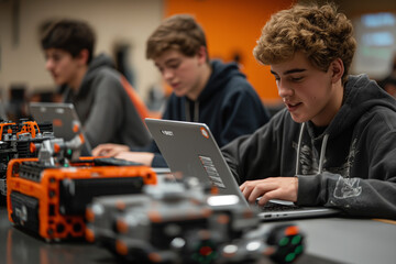 Students are building a model robot in engineering class, using laptops and notes to design robots with intricate mechanical parts. They create small metal robots that move in a steampunk style for th