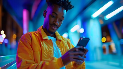 A man in a yellow jacket is looking at his cell phone. The image has a bright and cheerful mood, as the man is smiling while using his phone
