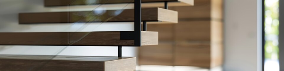 A close-up on the junction of a staircase in a modern home, focusing on the sleek union of wooden steps and a minimalist metal handrail