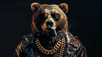 Grizzly bear, wearing a gold chain, smoking marijuana, on a black background.