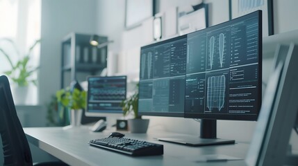 A computer monitor displays a complex set of data on a desk. The room is well-lit and has a modern, professional feel