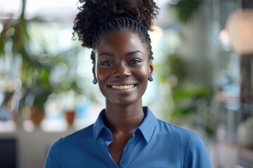 Fototapeta premium Woman with Blue Shirt Smiling