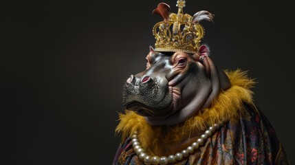 Fototapeta premium Hippopotamus wearing a queen's dress and crown, on a black background.