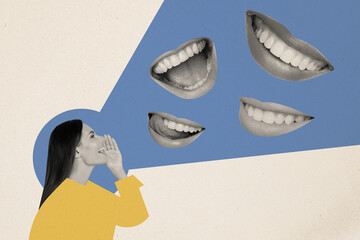 Composite artwork collage image picture of black white colors girl speak mouth isolated on creative...