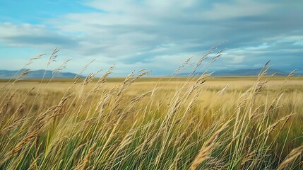 Fototapeta premium tall grass stands amidst a vast field under a clear blue sky