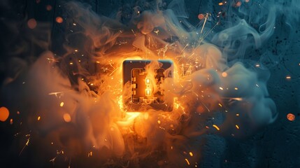 A detailed shot of a faulty electrical socket emitting smoke and vibrant sparks, raw and intense atmosphere of electrical failure