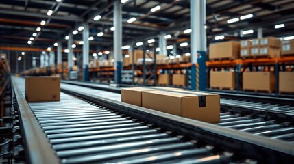 A conveyor belt with boxes on it. The boxes are stacked on top of each other