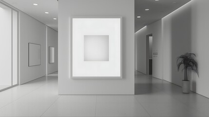 A white room with a white framed picture on the wall. The room is empty and has a minimalist feel