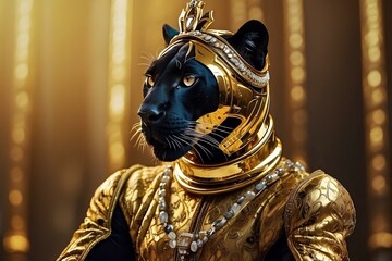 Luxury black Panther wearing crown and golden clothes 