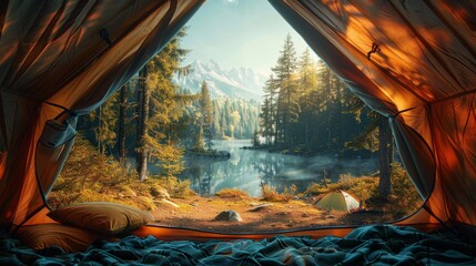 A cozy tent interior with an open flap revealing a vibrant forest scene, emphasizing unity with nature and an active, outdoor lifestyle