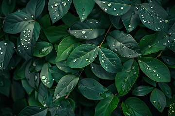 Fototapeta premium beautiful fresh dark green wallpaper desktop with curved plants and droplets of water 