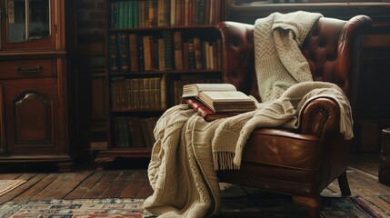 Fototapeta premium Cozy reading nook with a leather armchair, knit blanket, and books in a vintage library setting. Warm and inviting atmosphere.