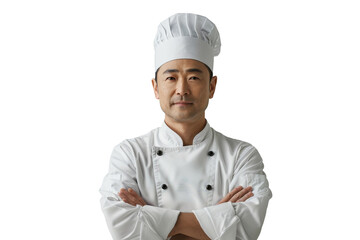 Portrait of asian male chef standing with arms crossed and wearing a chef's hat isolated on transparent background.