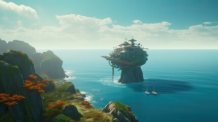 Obraz premium Ocean Planet Landscape, Science Fiction Scifi Fantasy Wallpaper, Video Game Concept Art, Alien Water World Background Design, Nautical Sailing Illustration, 3d Render Backdrop