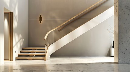 A contemporary entrance with a simple yet elegant staircase featuring a single-piece wooden handrail that flows seamlessly from the first to the second floor