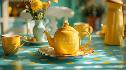 Fototapeta premium Close-up of a cozy breakfast setup with tea set and flowers