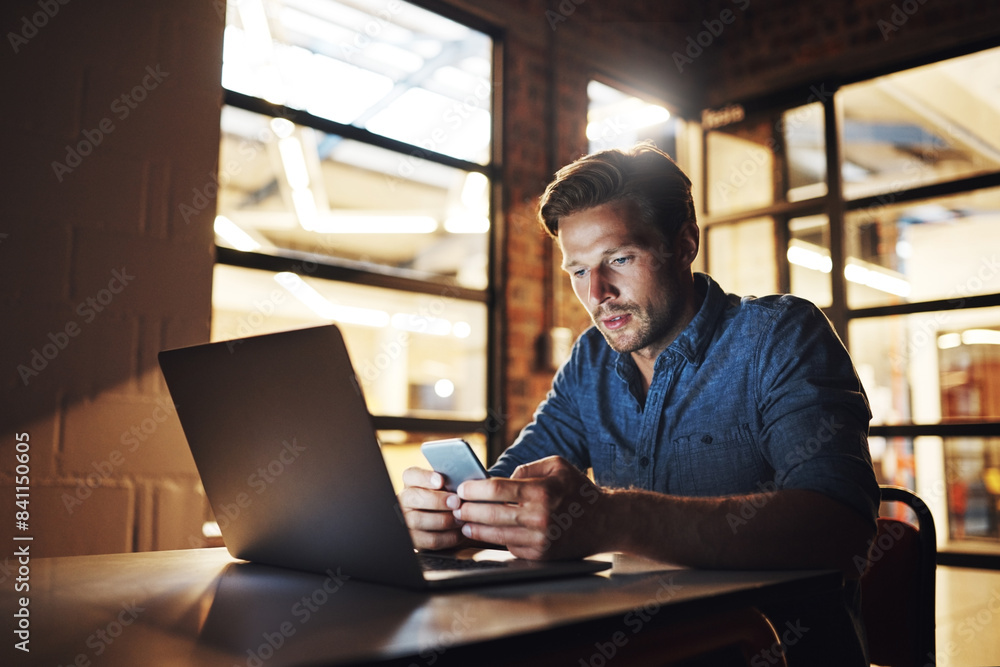 Aufkleber office, night and portrait of man, texting and web designer with phone, laptop and deadline. communi