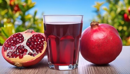 Close-up of pomegranate juice in a glass and pomegranate