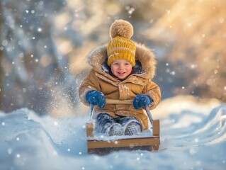 A happy child in a yellow hat and brown coat sledding down a snowy hill, surrounded by falling snowflakes.