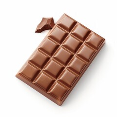 A single milk chocolate bar sits on a white background, with a small piece of chocolate broken off to the side