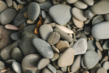 Smooth pebbles in various shades of grey and beige, scattered closely together. Some pebbles have subtle patterns and textures. Stone background.