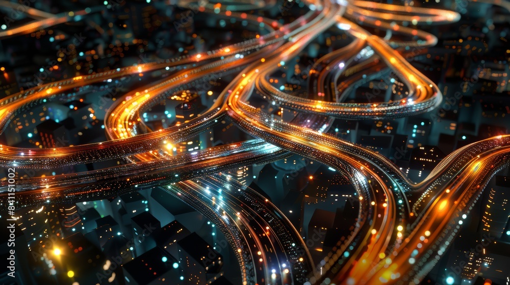 Poster A symbolic representation of a smart city's interconnectedness, where a network of data streams and communication nodes forms a harmonious digital tapestry.