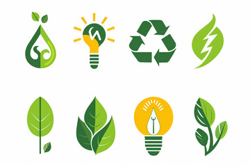 Green energy icon. Renewable eco power logo set. Green natural electricity. Leaf nature energy.