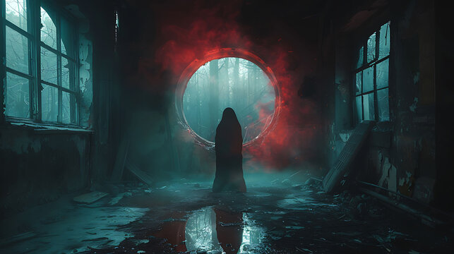  A haunted mirror with ghostly reflections in a dark room.