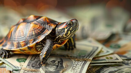 Obraz premium A turtle sitting on a pile of money, symbolizing the slow and steady approach of value investing.