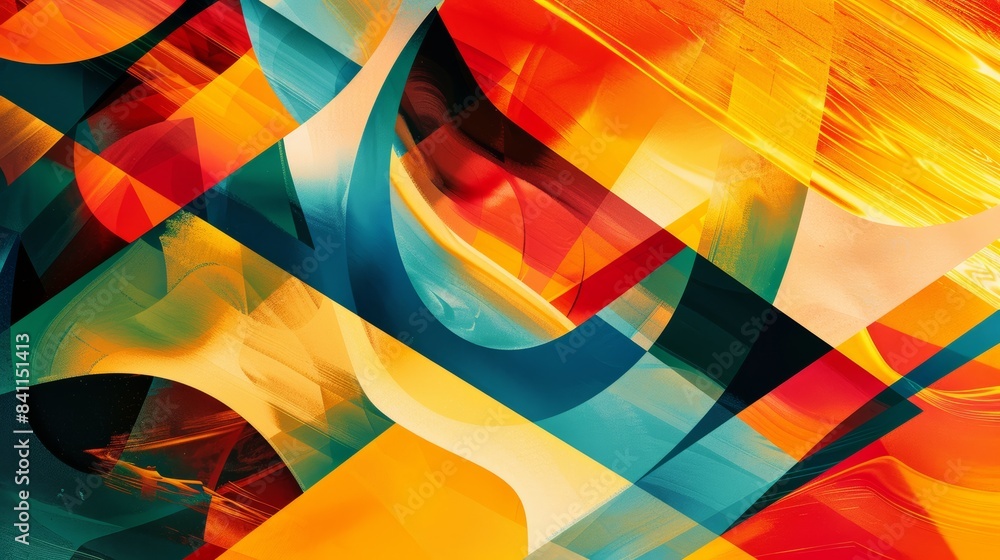 Poster a vibrant abstract pattern with bold colors, geometric shapes, and a sense of dynamic movement.