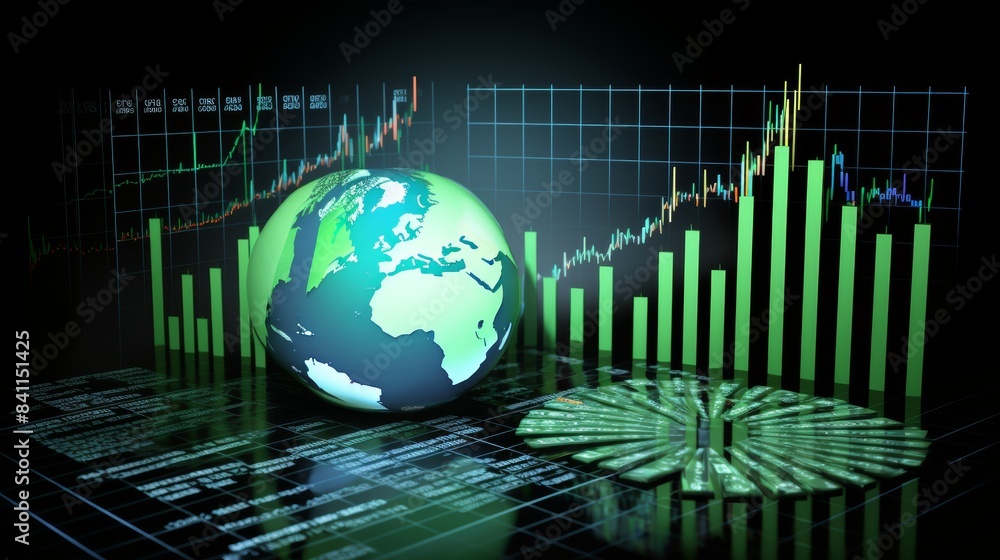 Poster global financial data processing with left globe on grey background for business technology concept