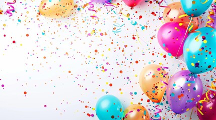 A vibrant and colorful birthday party background with balloons, streamers, and confetti, set against a clean white background.