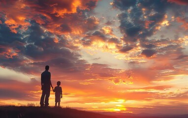Obraz premium Bonding Moment: Father and Child Silhouettes Watching Sunset on Hilltop with Warm Tones in Peaceful Atmosphere
