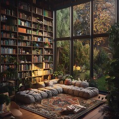 A cozy reading nook in a suburban house with floor-to-ceiling bookshelves, soft lighting, and a view of the garden.