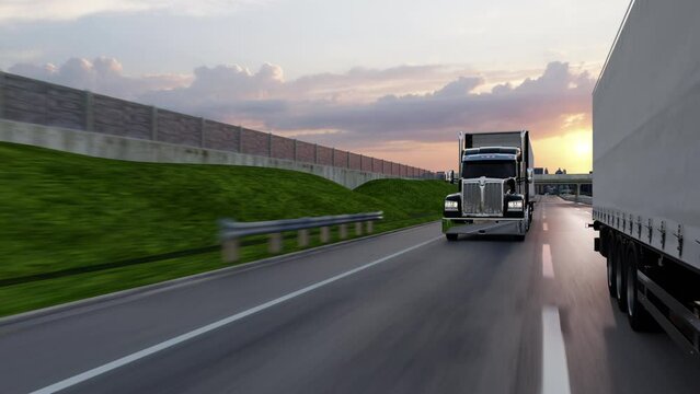 American style truck on freeway pulling load. Transportation theme. 4k 3D illustration