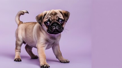 Obraz premium Cute Pug Puppy Standing on Lavender Colored Background with Clear Space