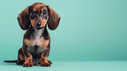 Cute Dachshund Puppy Sitting on Turquoise Background with Clear Space