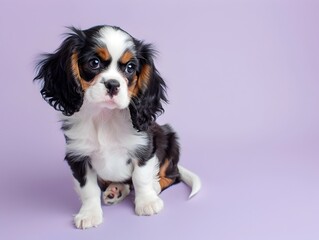 Cute Cavalier King Charles Spaniel Puppy Sitting on Plain Lavender Background